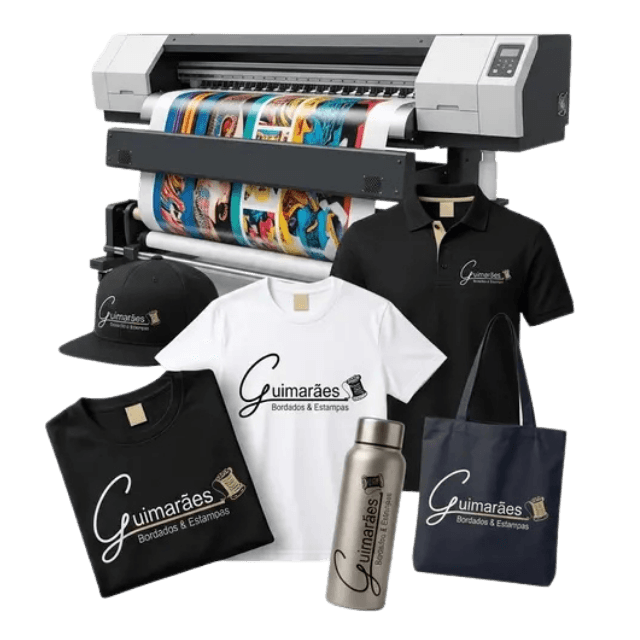 Composição visual de produtos personalizados com DTF e DTF UV: camiseta, polo, ecobag, copo de vidro e garrafa esportiva inox